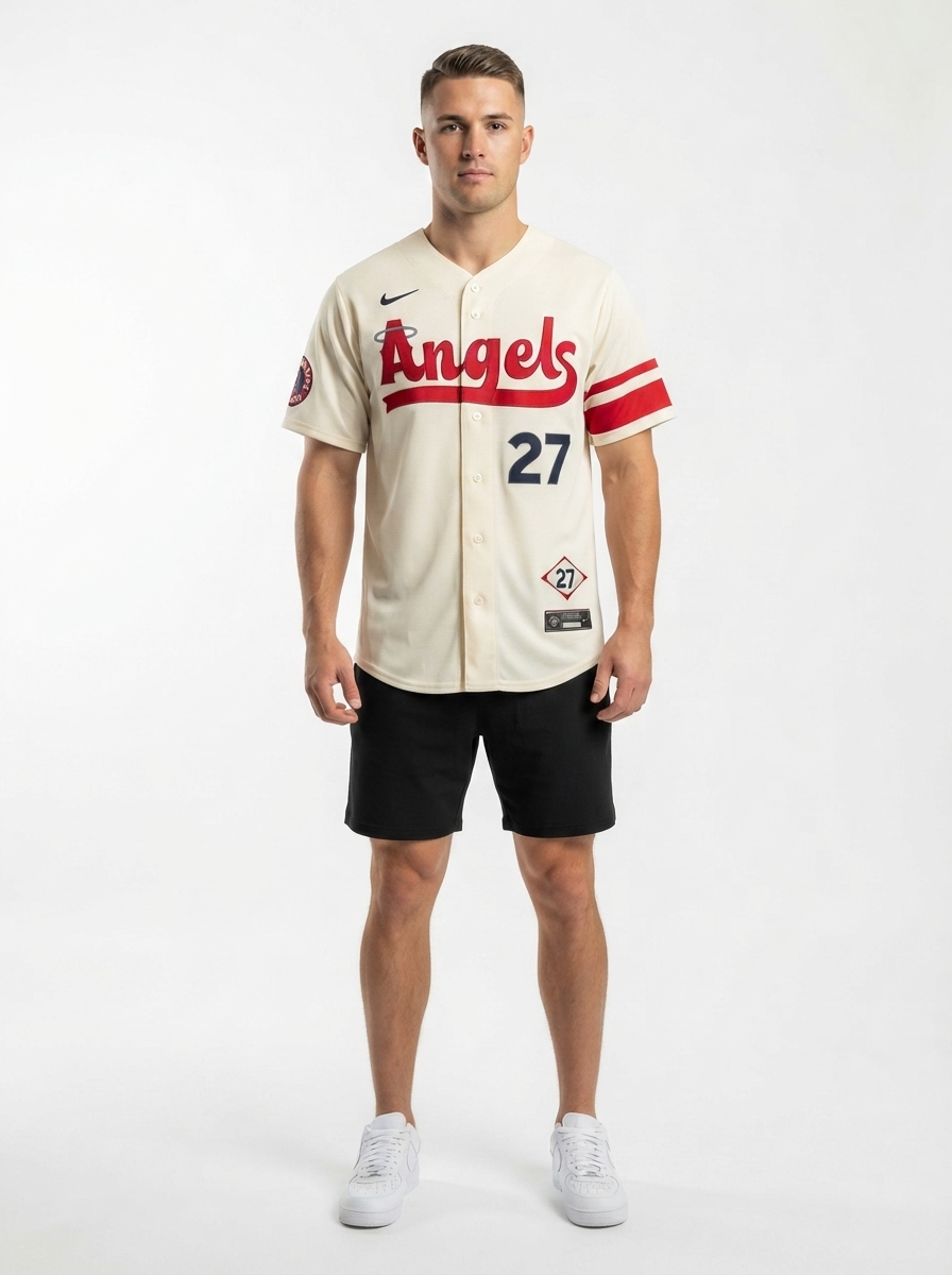 Jersey MLB Los Angeles Angels Cream City Connect Torcedor Masculina Bege Mike Trout 27