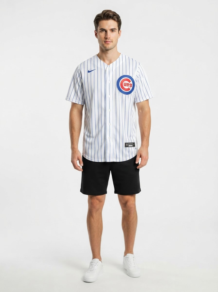 Jersey MLB Chicago Cubs Home Torcedor Masculina Listrada Branca