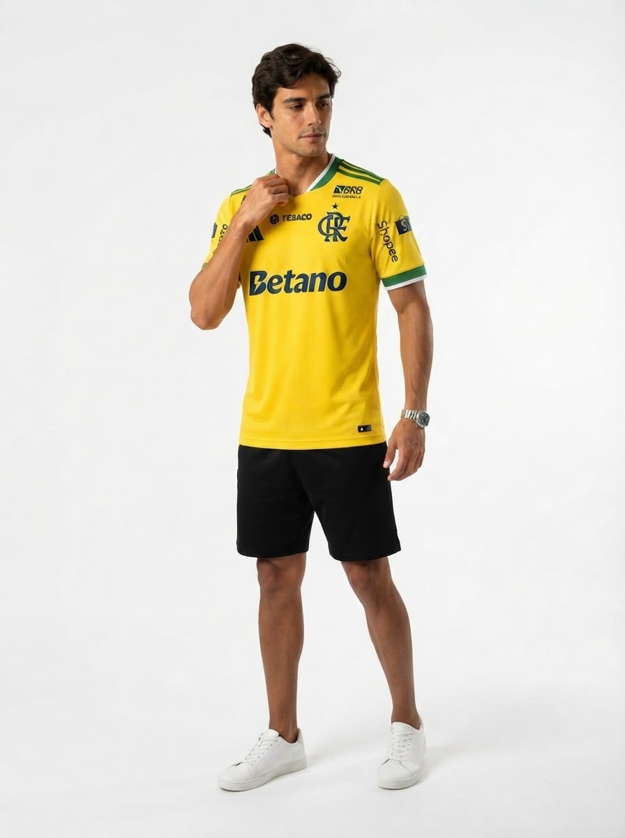 Camisa Masculina Flamengo Brasil 2026 - Amarelo+Verde sponsor