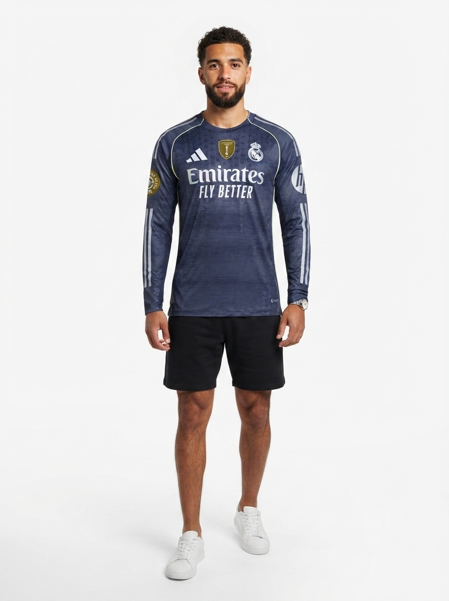 Real Madrid Away Long Sleeve Fan Jersey 2025/26 - Patch 2025 Club World Cup + FIFA Intercontinental Champions