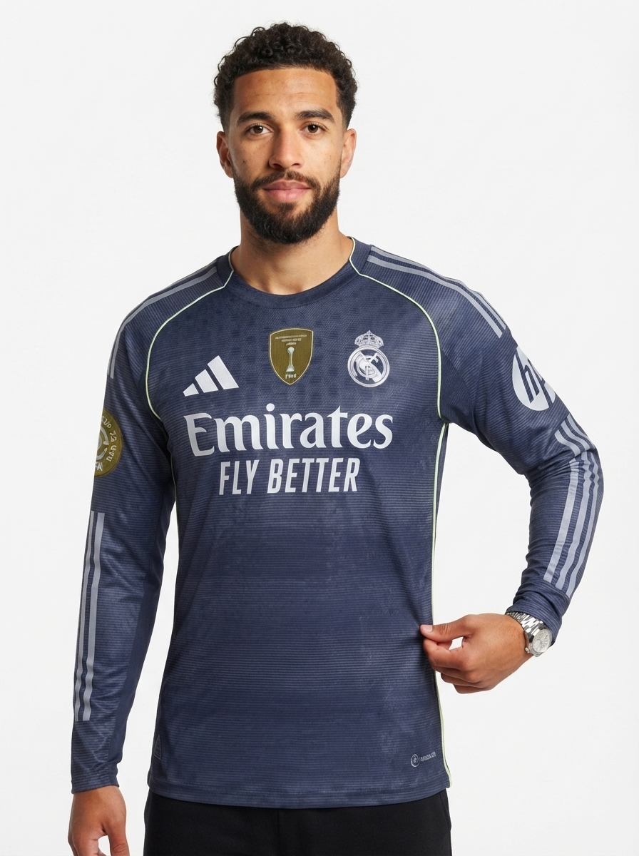 Real Madrid Away Long Sleeve Fan Jersey 2025/26 - Patch 2025 Club World Cup + FIFA Intercontinental Champions