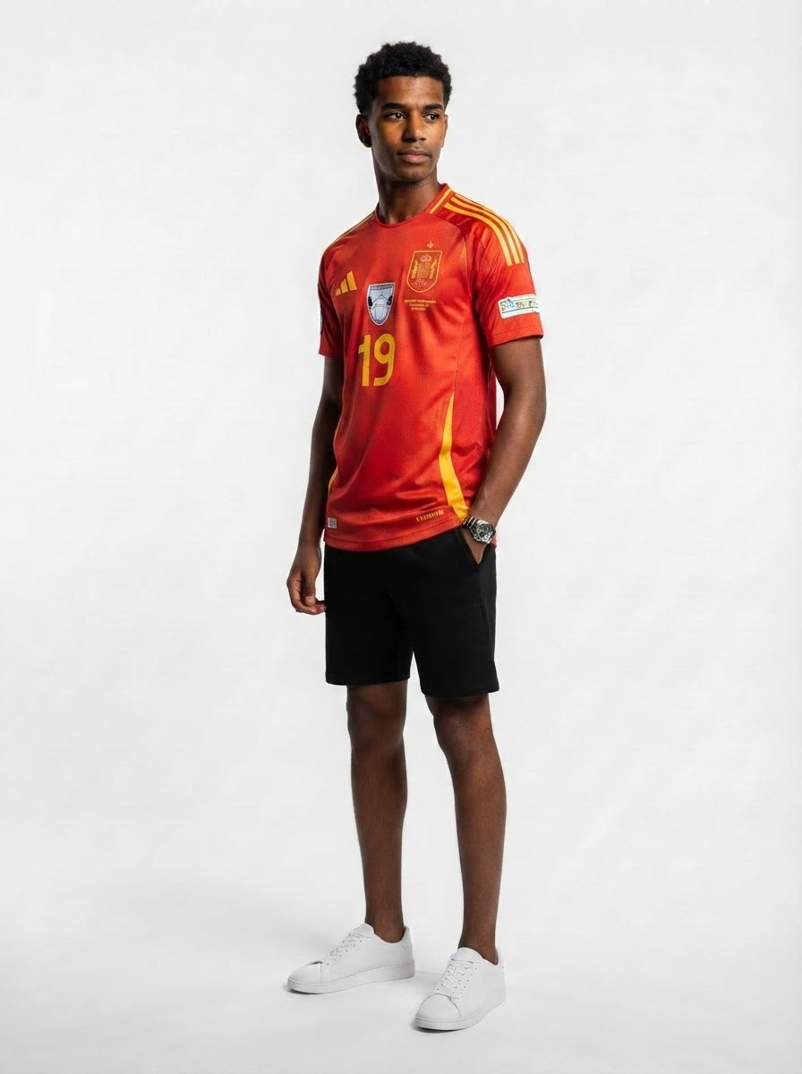 Spain Lamine Yamal 19 Home Fan Jersey 2025/26 Euro 2024 & Foundation Tournament Patches (Official Printing)