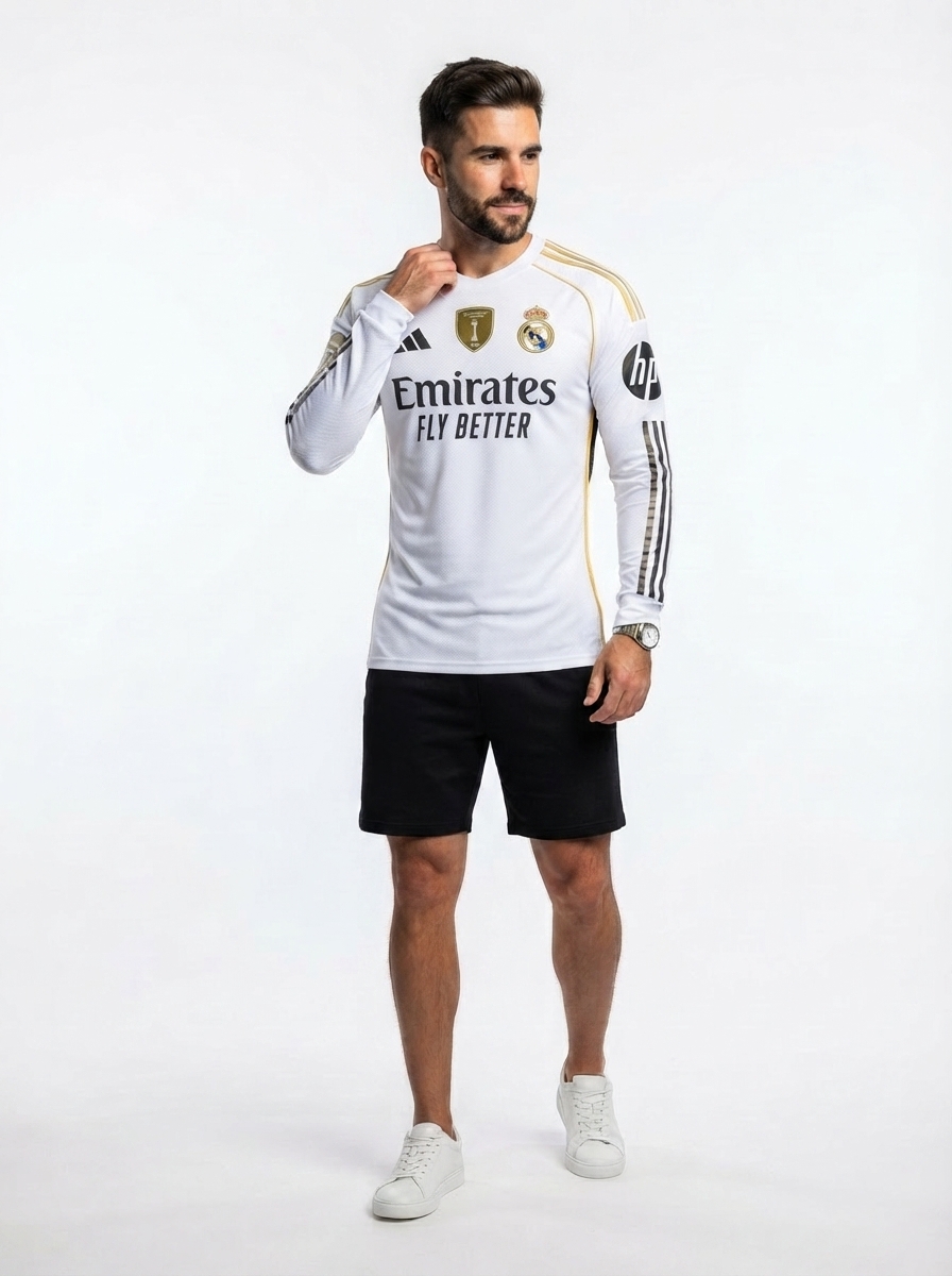 Real Madrid Home Long Sleeve Fan Jersey 2025/26 - Patch 2025 Club World Cup + FIFA Intercontinental Champions