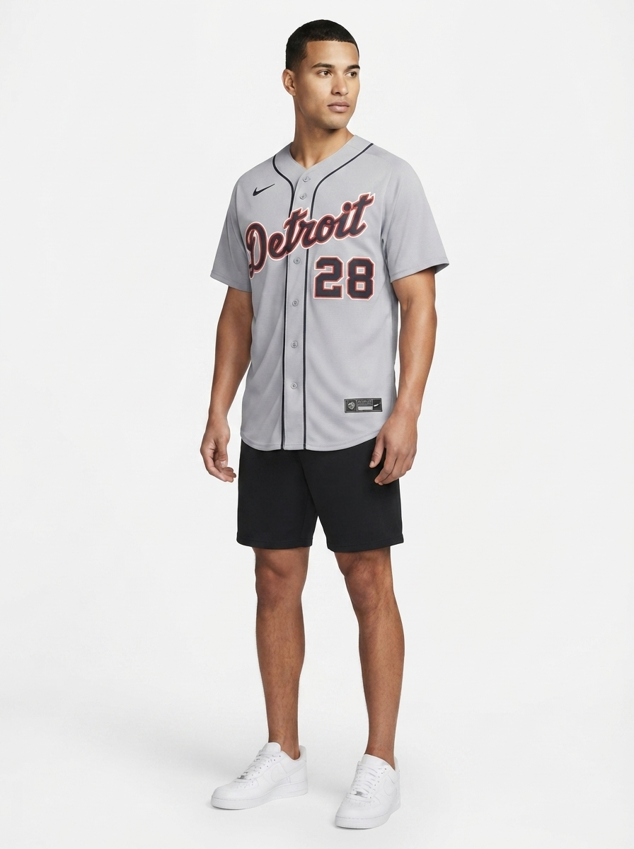 Jersey MLB Detroit Tigers Gray Javier Baez 28 Road Limited Torcedor Masculina Cinza